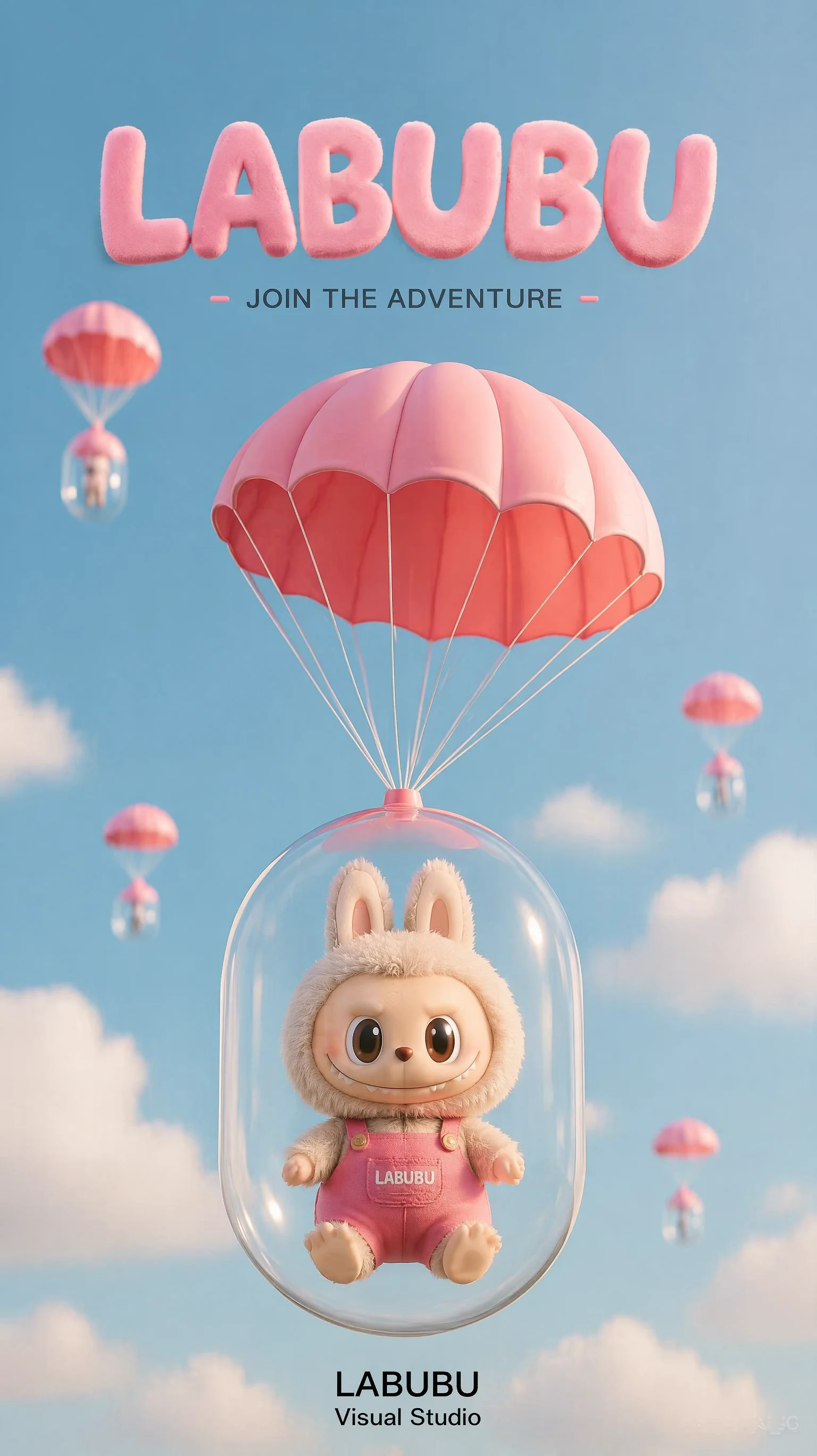 Cartel de producto con una figura LABUBU y paracaídas en un cielo azul.