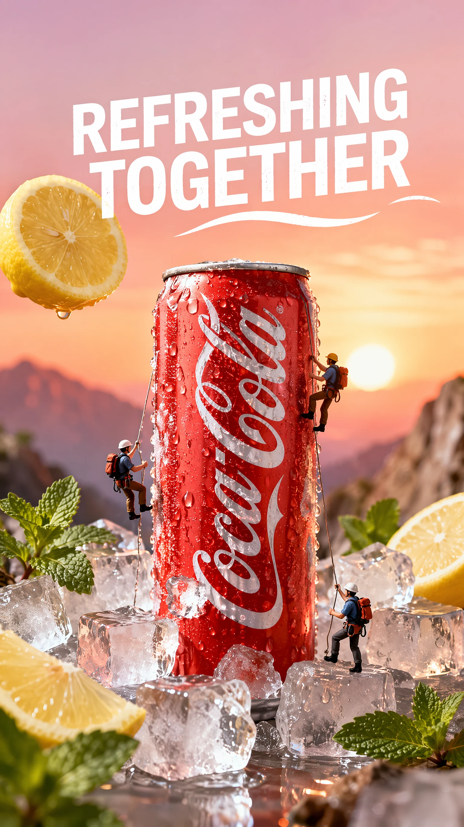 Cartel de producto con una lata de bebida roja, limones, cubitos de hielo y menta.