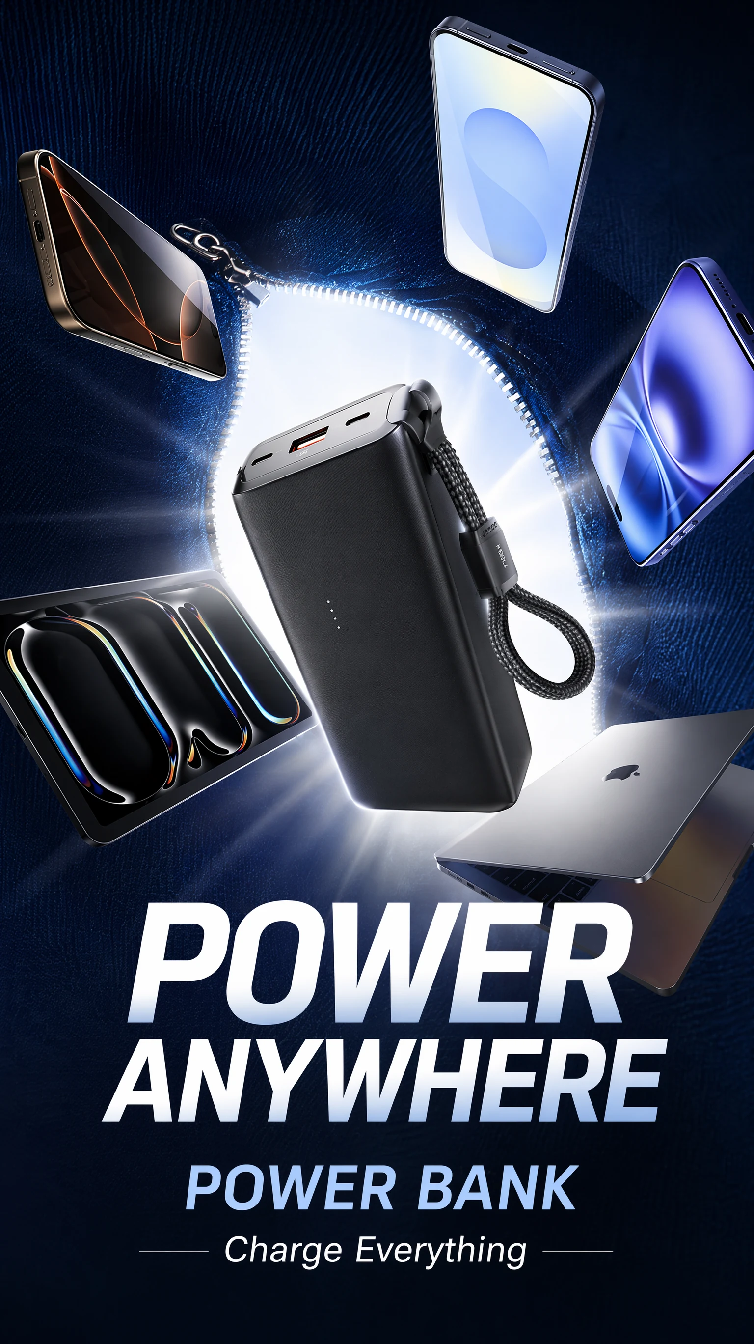 Cartel de producto con una batería externa negra rodeada de dispositivos electrónicos.