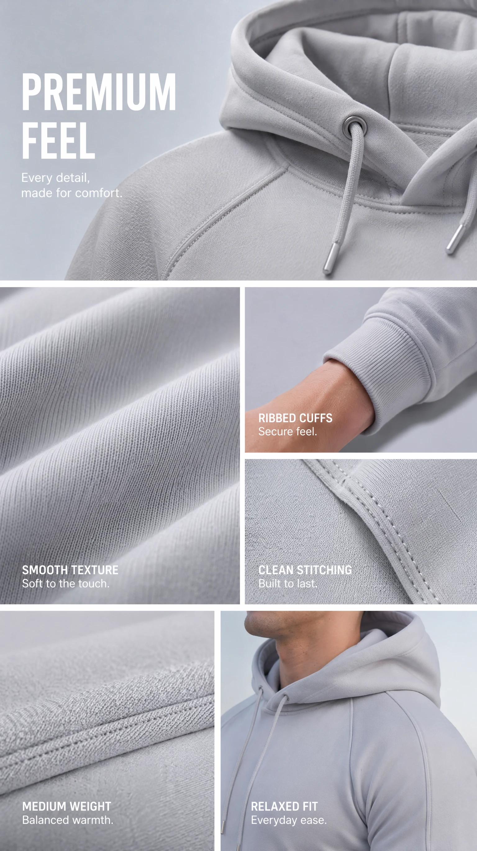 Cartel de producto con una sudadera gris con capucha y primeros planos de puños, costuras y tejido.