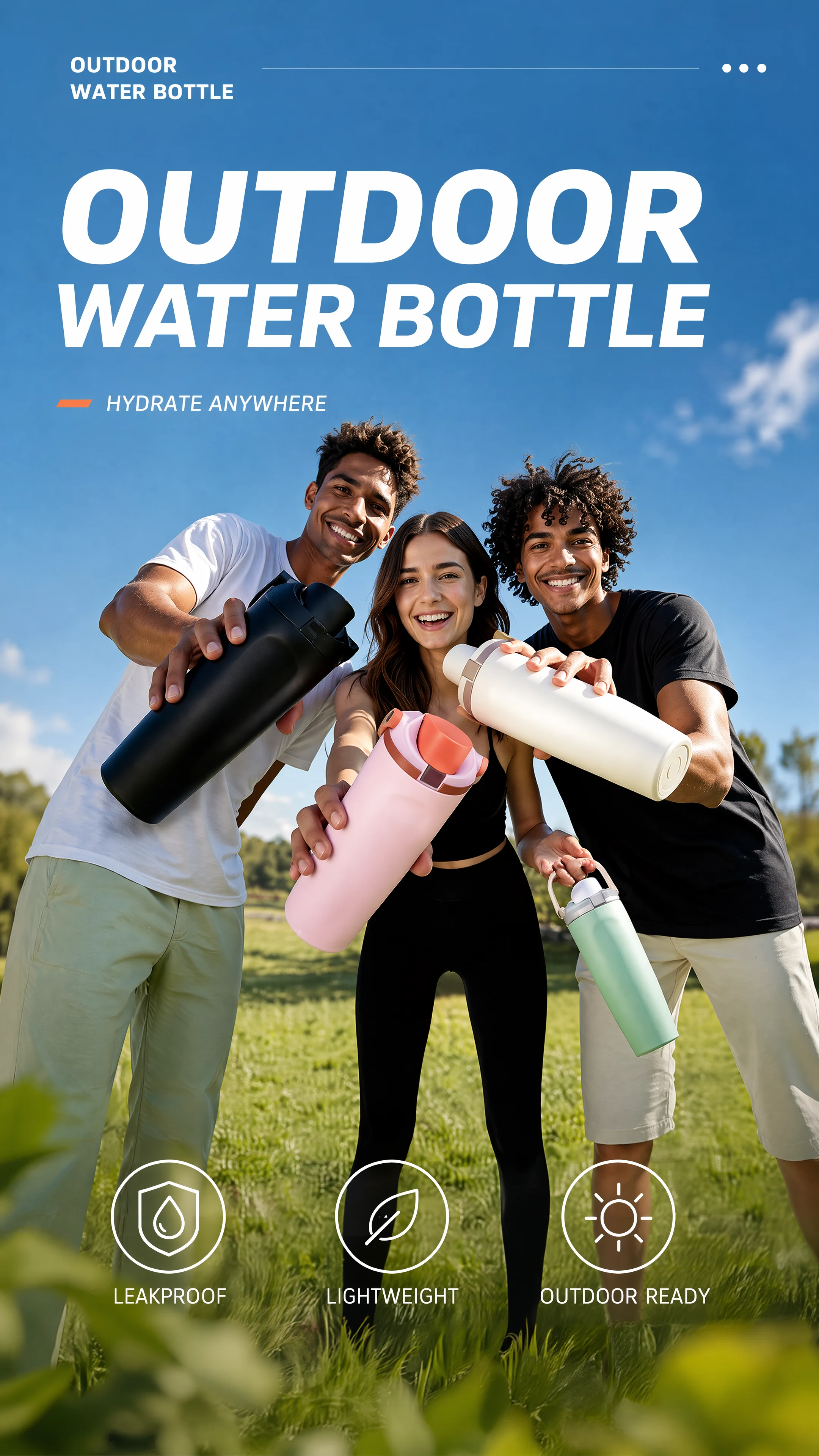 Cartel de producto con tres personas al aire libre sosteniendo botellas de agua de colores.