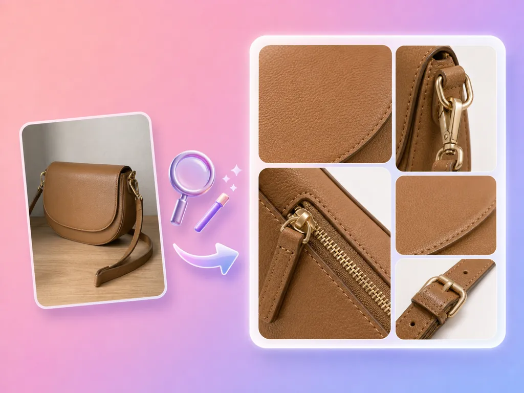 Ilustración de un bolso marrón con primeros planos de su textura, cremallera y hebillas.