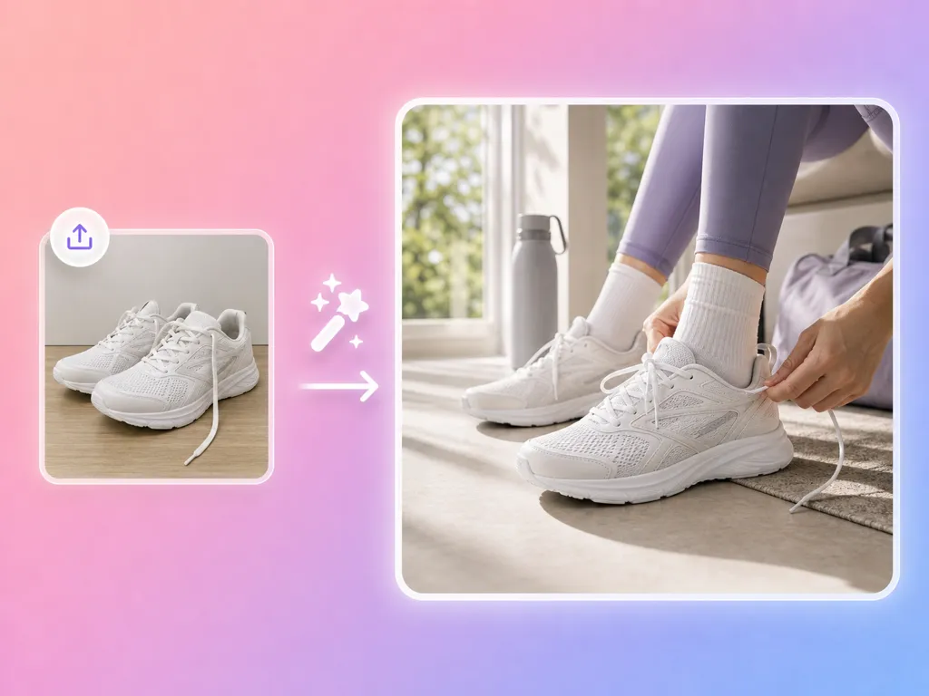 Ilustración de unas zapatillas blancas y una persona atándose los cordones junto a una ventana.