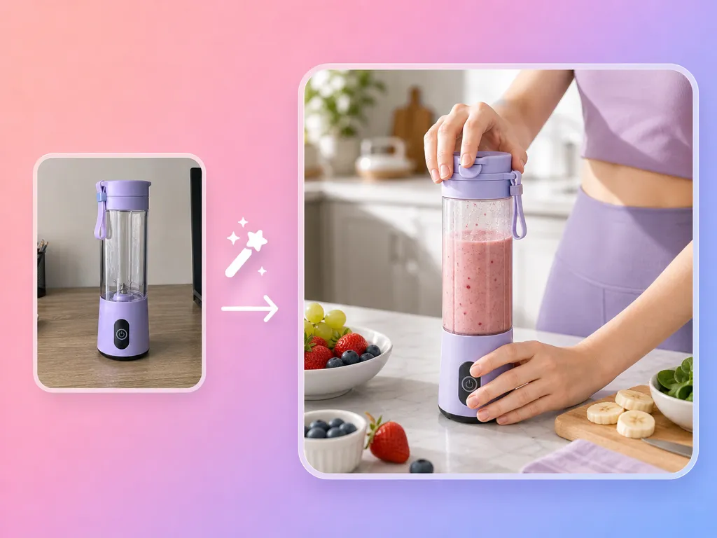 Ilustración de una batidora portátil morada y una persona preparando una bebida de fruta.