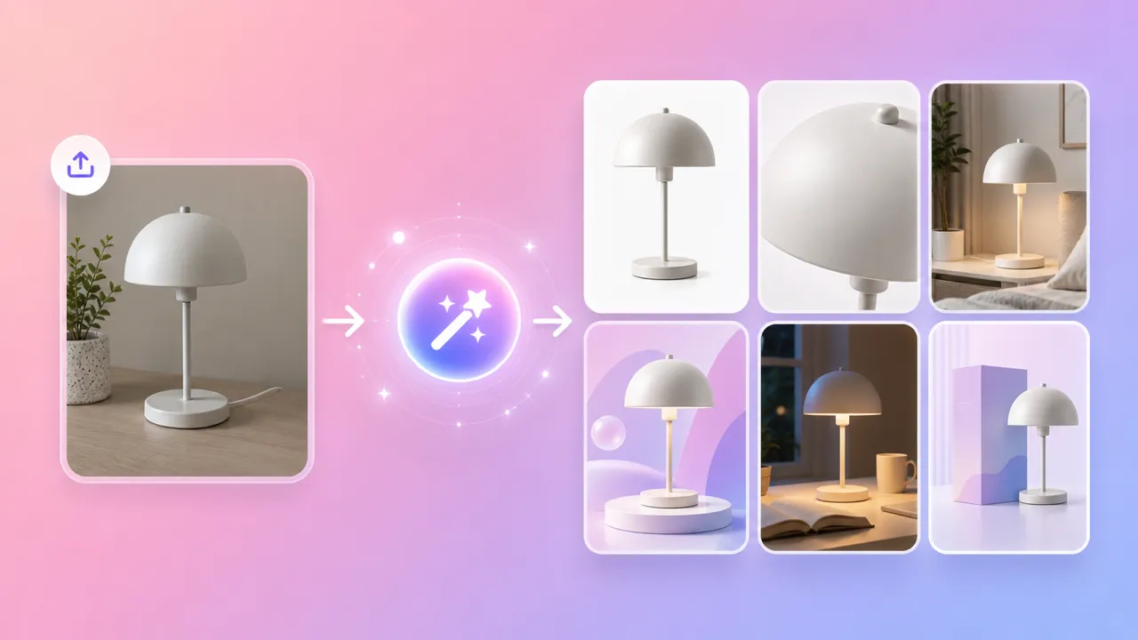 Ilustración de flujo de trabajo con la foto de una lámpara de mesa blanca y varias composiciones de la lámpara.