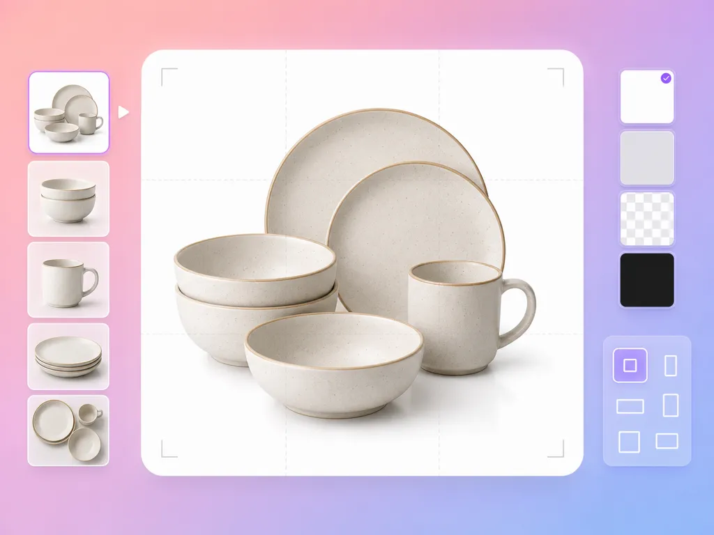 Ilustración de tazas, cuencos y platos sobre fondo blanco en un editor de imágenes.
