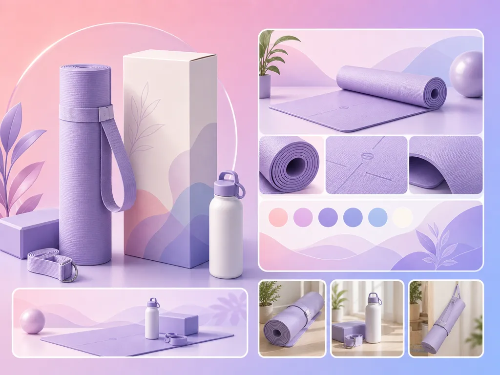 Ilustración de una esterilla de yoga morada con embalaje, una botella y primeros planos de la textura.