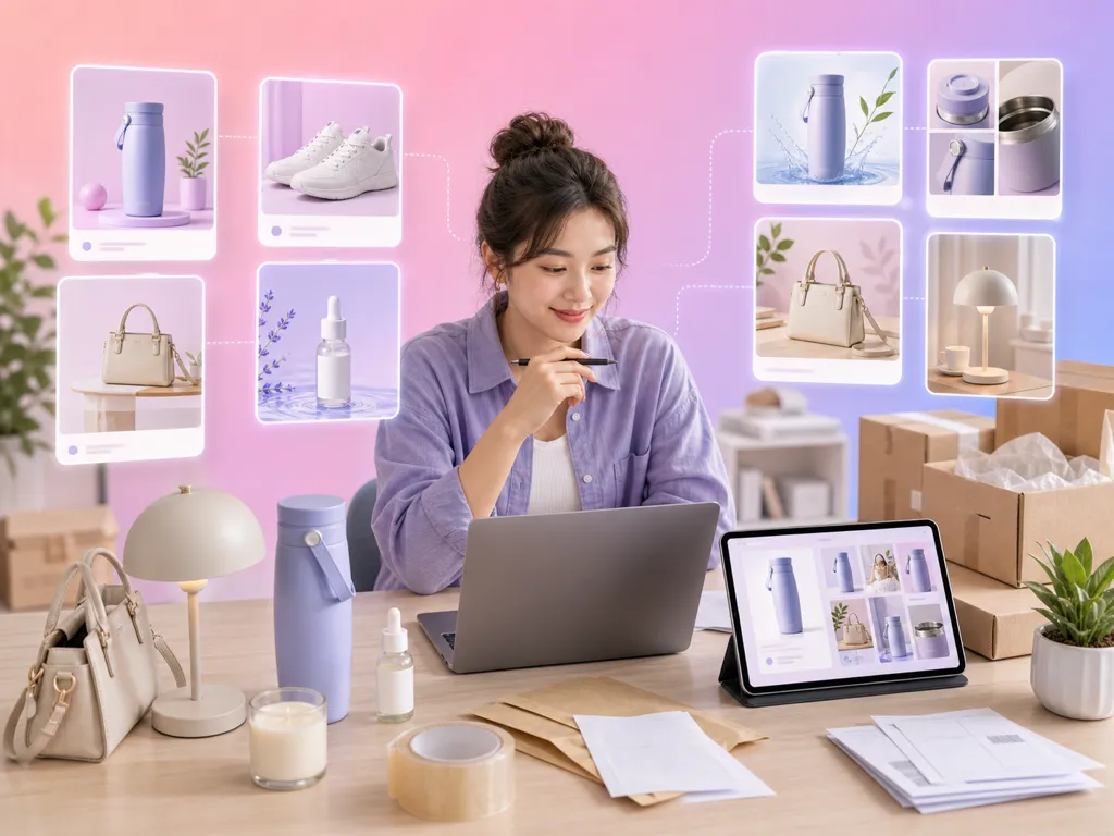 Mujer con un portátil y una tableta junto a imágenes de producto, productos y cajas de envío.