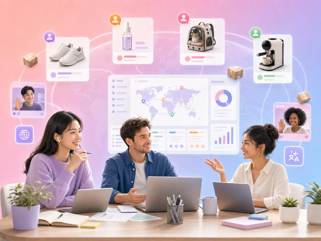 Tres personas con portátiles delante de un mapa del mundo y tarjetas de producto.