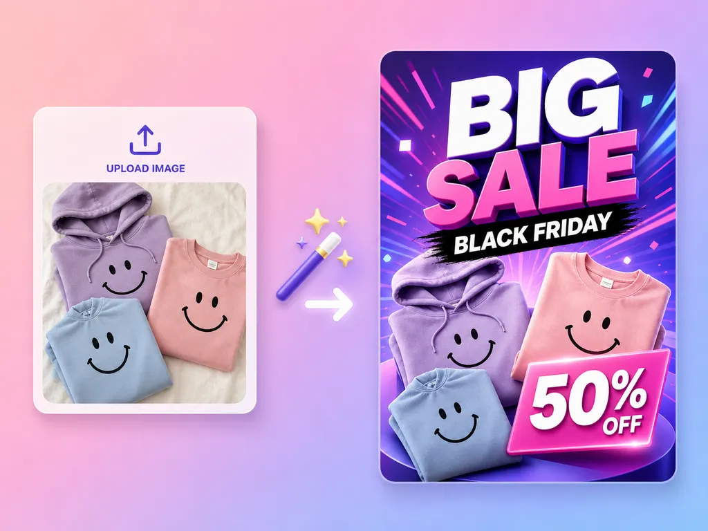Ilustración de tres prendas dobladas junto a un cartel Big Sale de Black Friday con una etiqueta de 50 % de descuento.