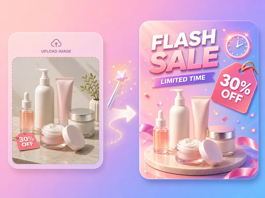 Ilustración de productos de cuidado de la piel junto a un cartel Flash Sale con una etiqueta de 30 % de descuento y una banda de tiempo limitado.