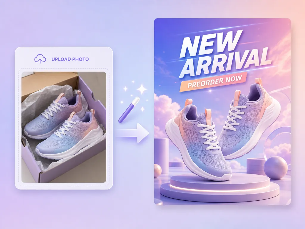 Ilustración de unas zapatillas en su caja junto a un cartel vertical New Arrival con una insignia de reserva.