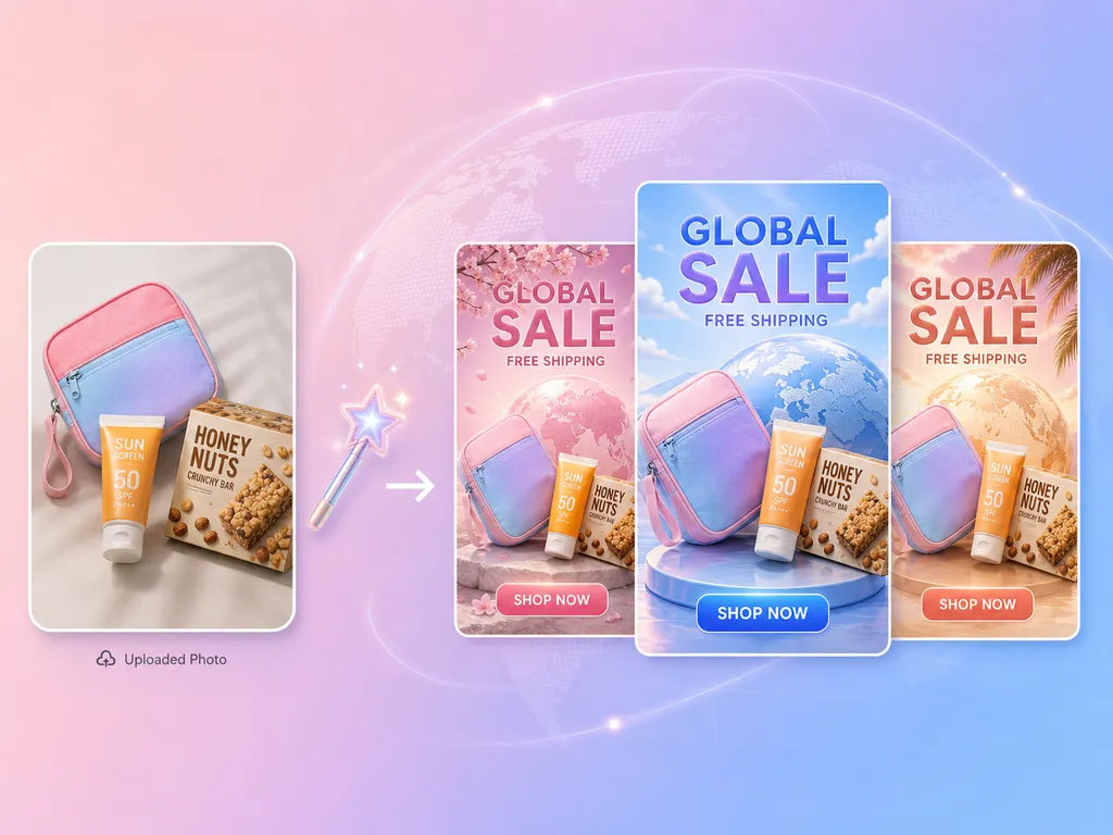 Ilustración de una escena Global Sale en la que una foto de producto con un neceser, protector solar y un snack se convierte en tres diseños de cartel promocional.