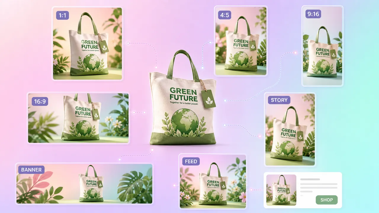 Ilustración de la misma imagen de campaña de una bolsa de tela mostrada en formatos cuadrado, vertical, horizontal, historia, feed y banner.