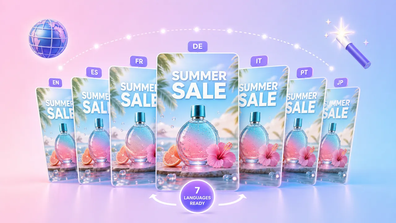 Ilustración del mismo cartel Summer Sale de un perfume mostrado en paralelo en varias versiones etiquetadas con códigos de idioma.