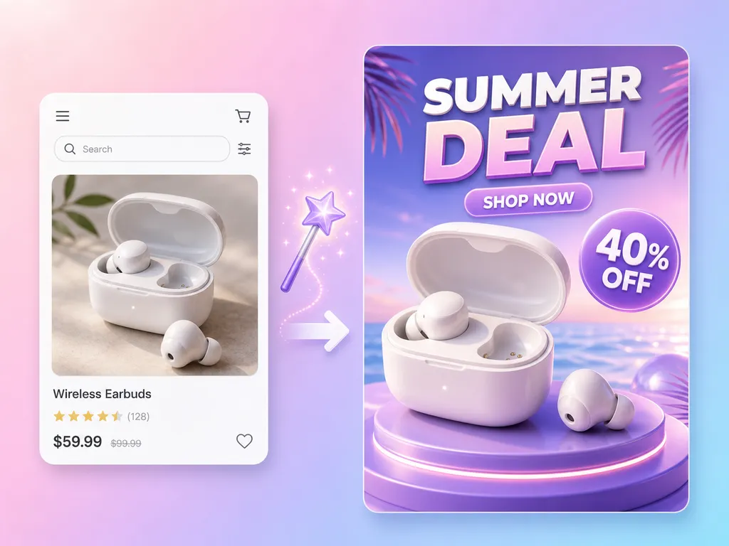 Ilustración de la ficha de unos auriculares inalámbricos junto a un cartel Summer Deal con una insignia de 40 % de descuento.
