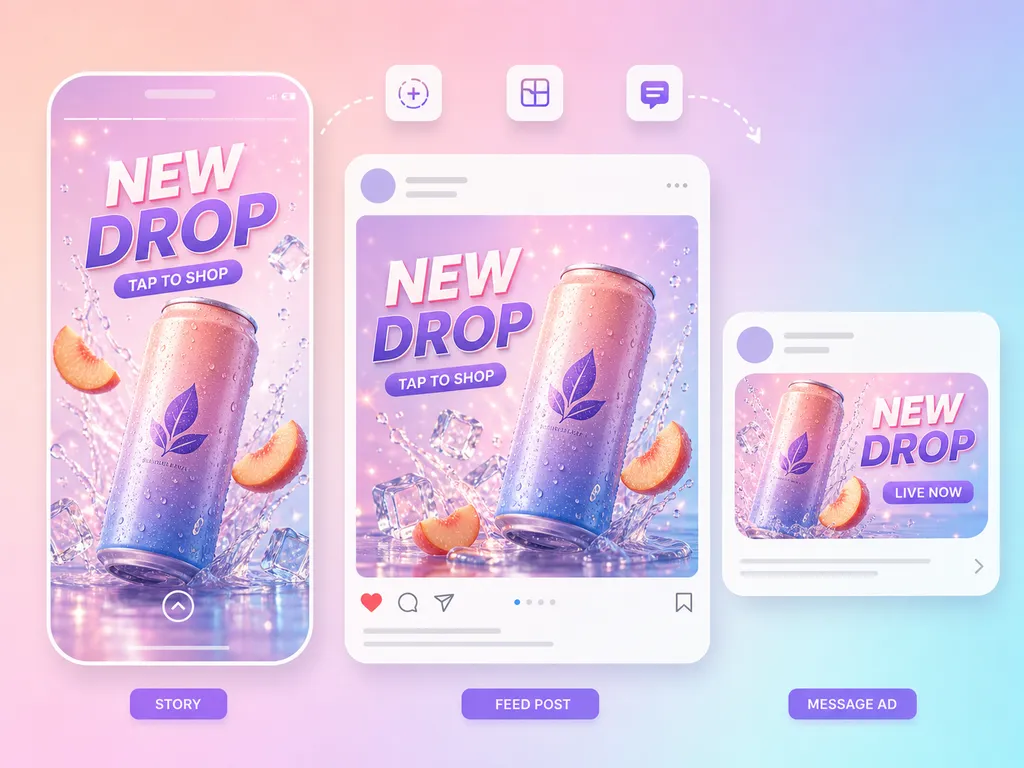 Ilustración de una creatividad rosa New Drop de una bebida de melocotón, mostrada como historia vertical, publicación del feed y anuncio de mensaje.