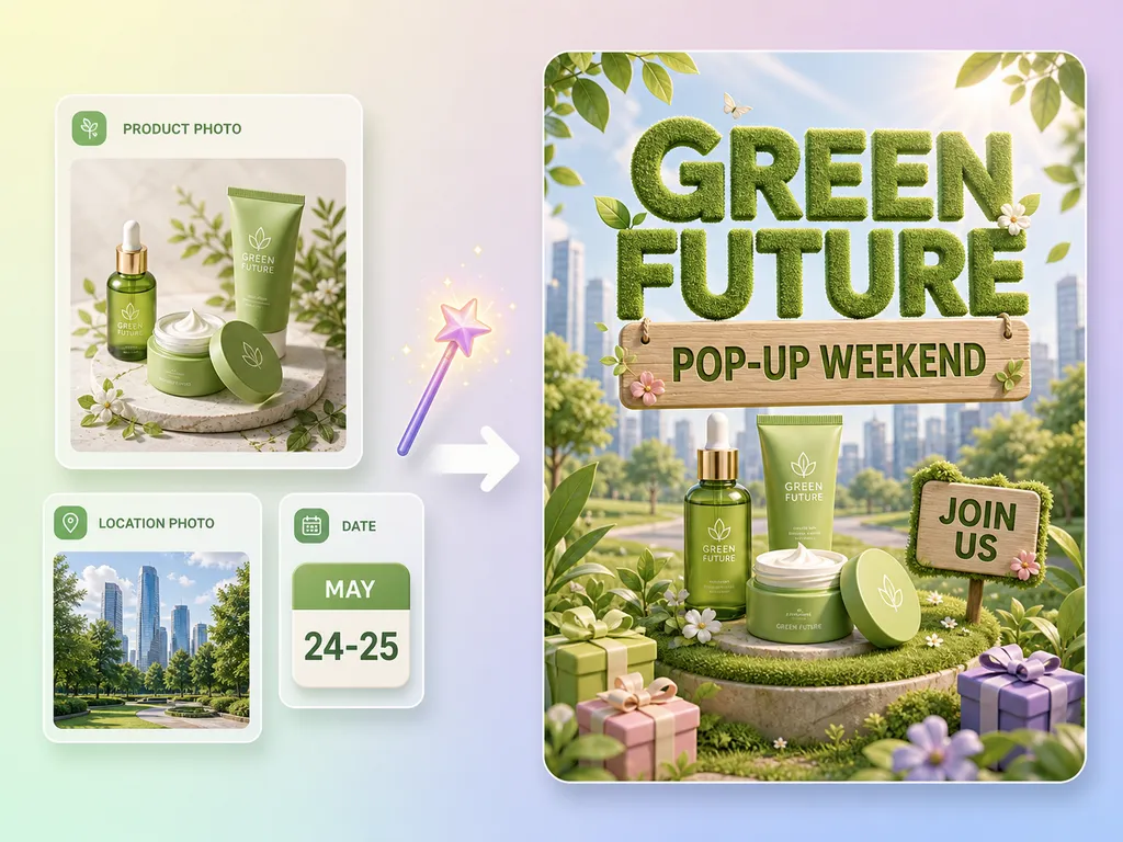 Ilustración de productos de cuidado de la piel Green Future, una foto de un parque y las fechas 24–25 de mayo que se convierten en un cartel de campaña Pop-up Weekend.