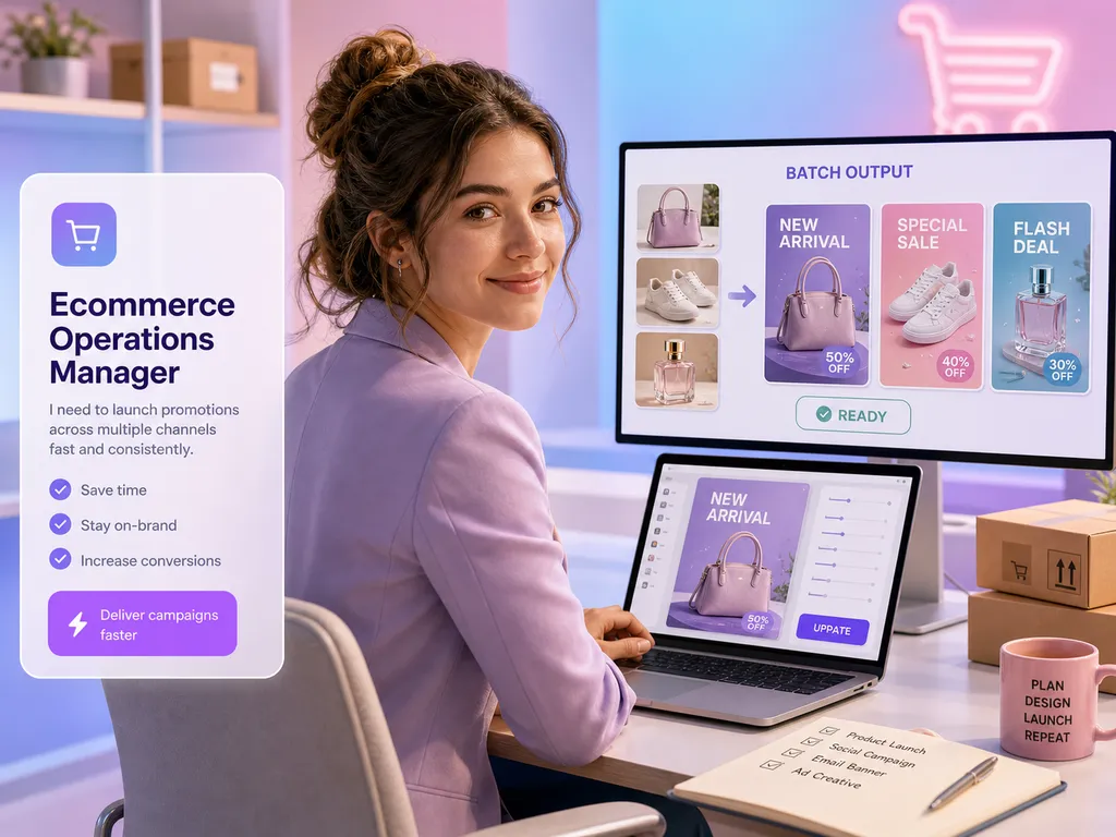 Ilustración de una responsable de operaciones de e-commerce editando en su portátil la promoción de un bolso mientras un monitor muestra varios carteles promocionales.