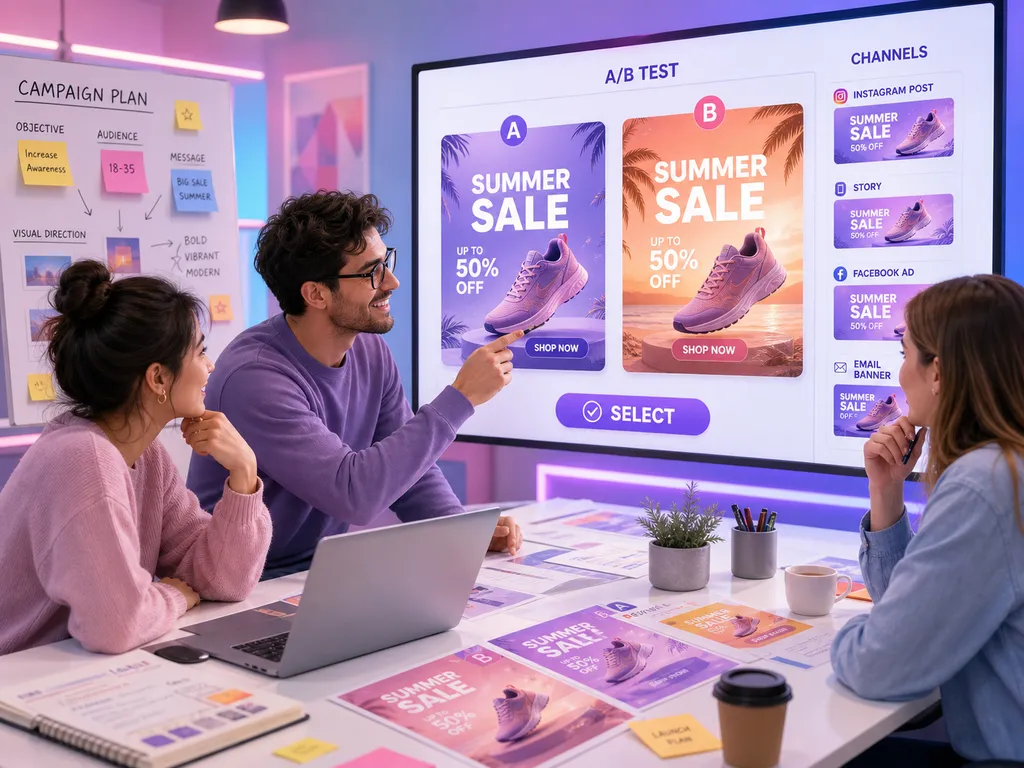 Ilustración de un equipo de marketing comparando dos variantes, A y B, de un cartel Summer Sale de zapatillas junto a vistas previas por canal.