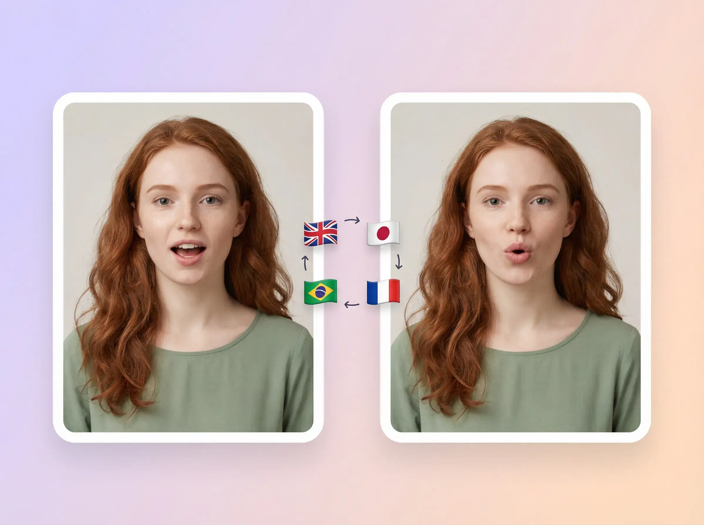 Ilustración: dos fotogramas de la misma mujer pelirroja con marcadores de idioma inglés, japonés, portugués y francés.