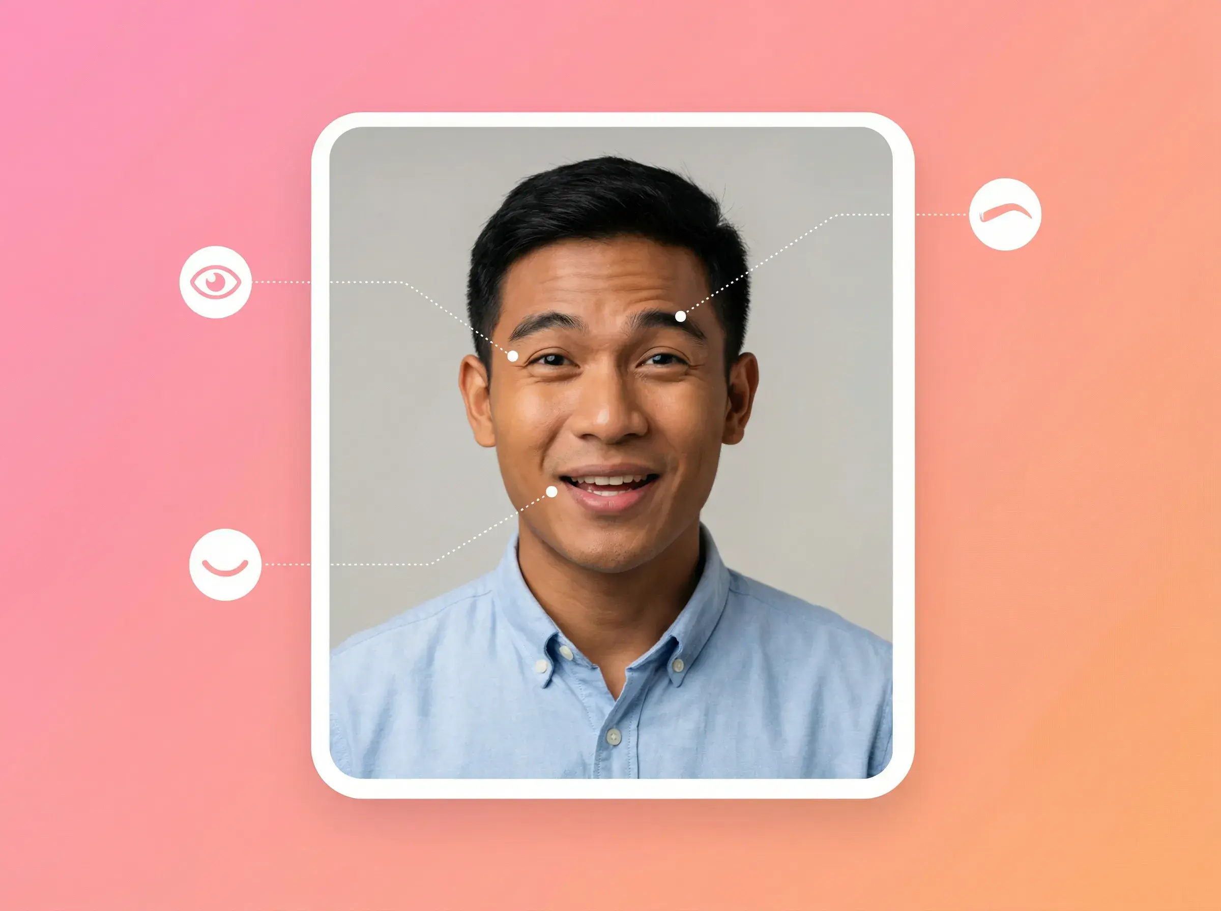Ilustración: hombre sonriente en un marco de retrato rodeado de iconos de labios y audio.