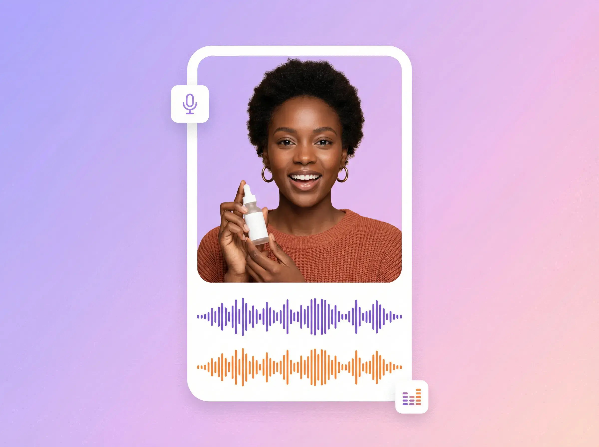 Ilustración: mujer hablando en un marco de retrato sobre dos formas de onda de audio de colores.