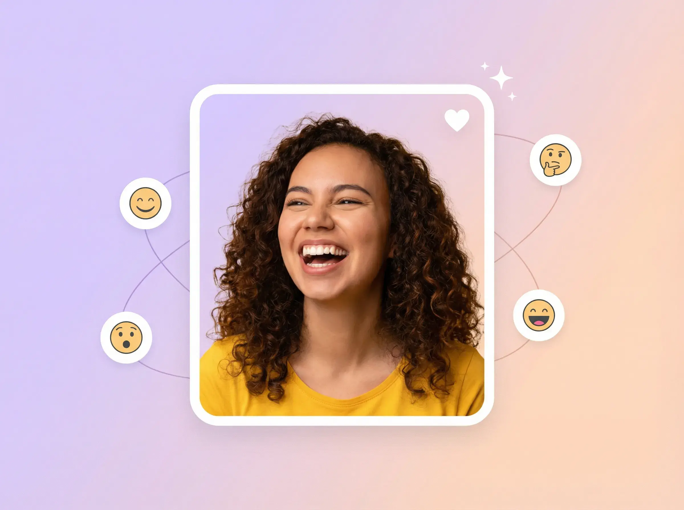 Ilustración: mujer sonriente en un retrato rodeada de iconos de emojis de expresiones.