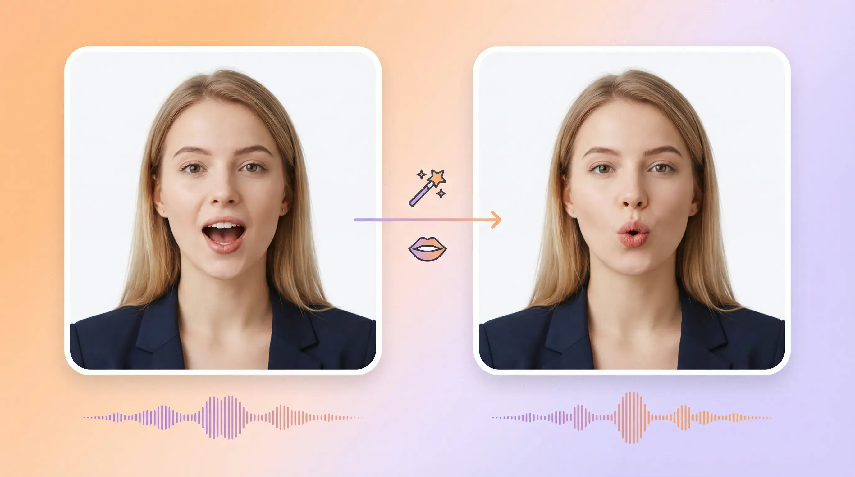 Ilustración: dos fotogramas de una mujer hablando junto a una forma de onda de audio e iconos de edición.