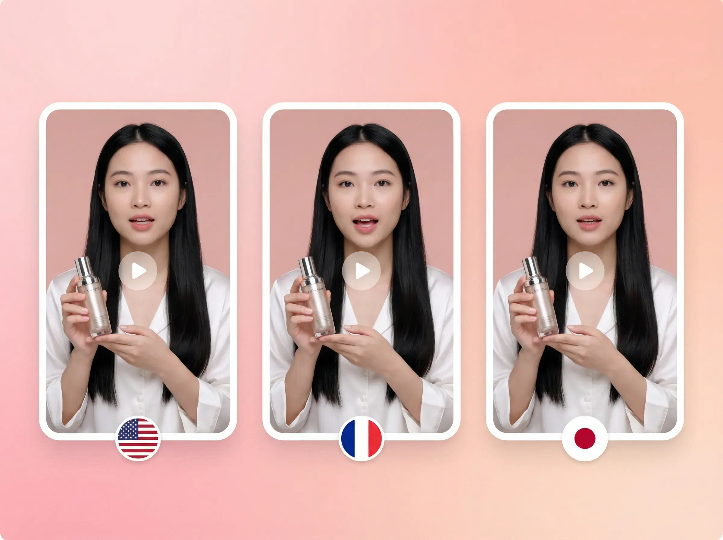 Ilustración: tres videos verticales de busto parlante con marcadores de idioma inglés, francés y japonés.