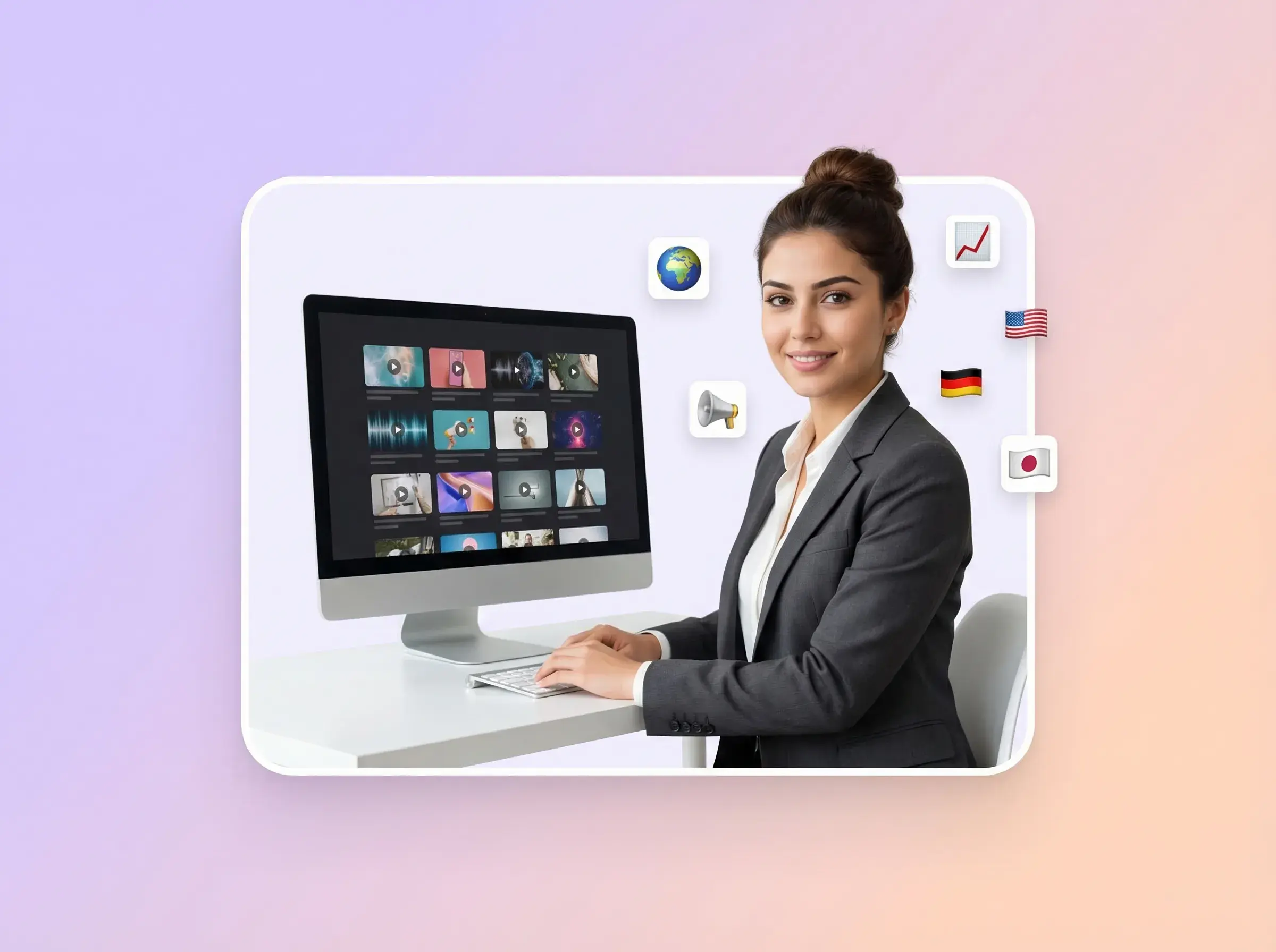 Ilustración: especialista en marketing revisando varios recursos de video parlante localizados en un monitor.