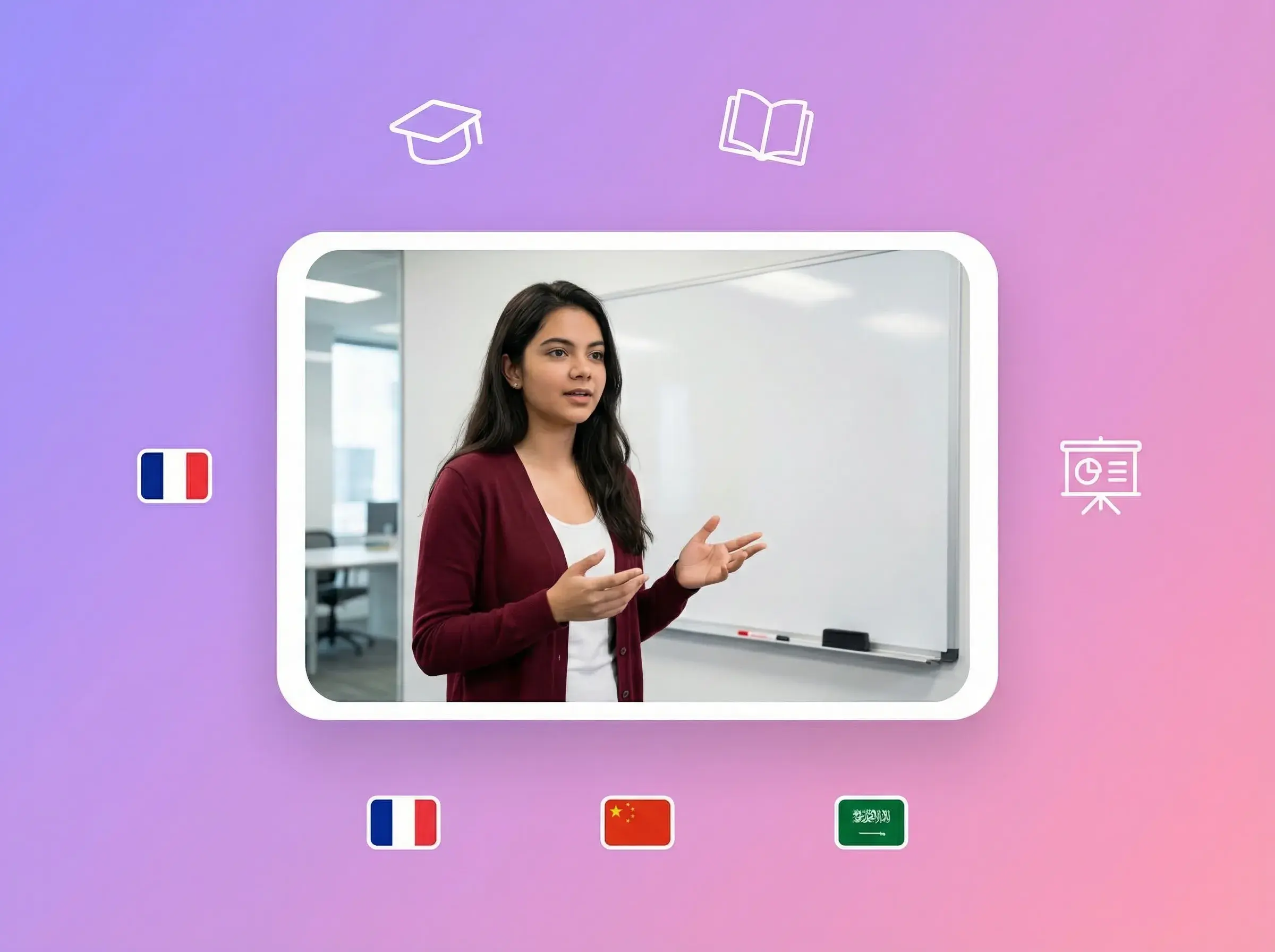 Ilustración: profesora dando clase en un video de aula con marcadores de idioma francés, chino y árabe.