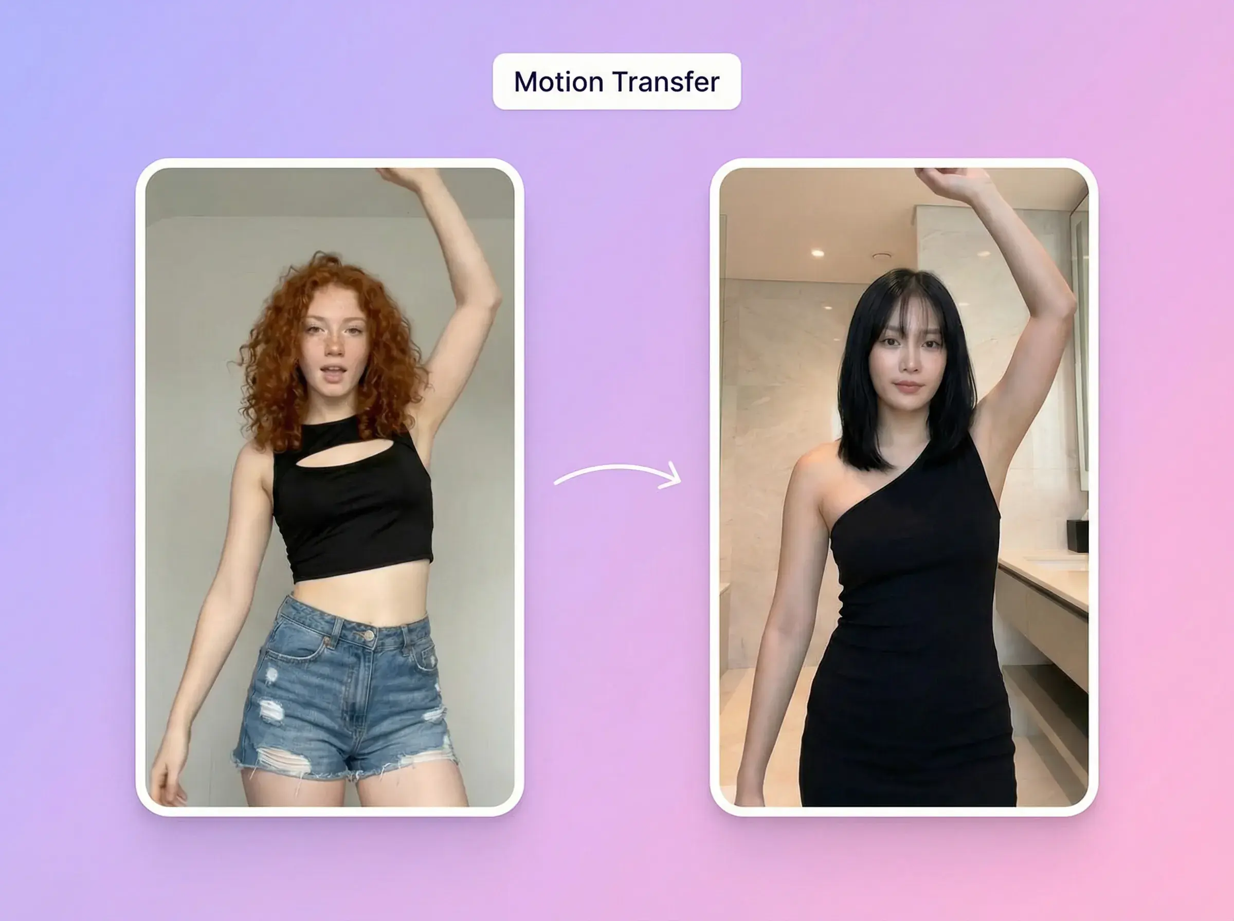Fotograma de referencia de una bailarina con un brazo levantado junto a un clip generado de otro personaje en la misma pose