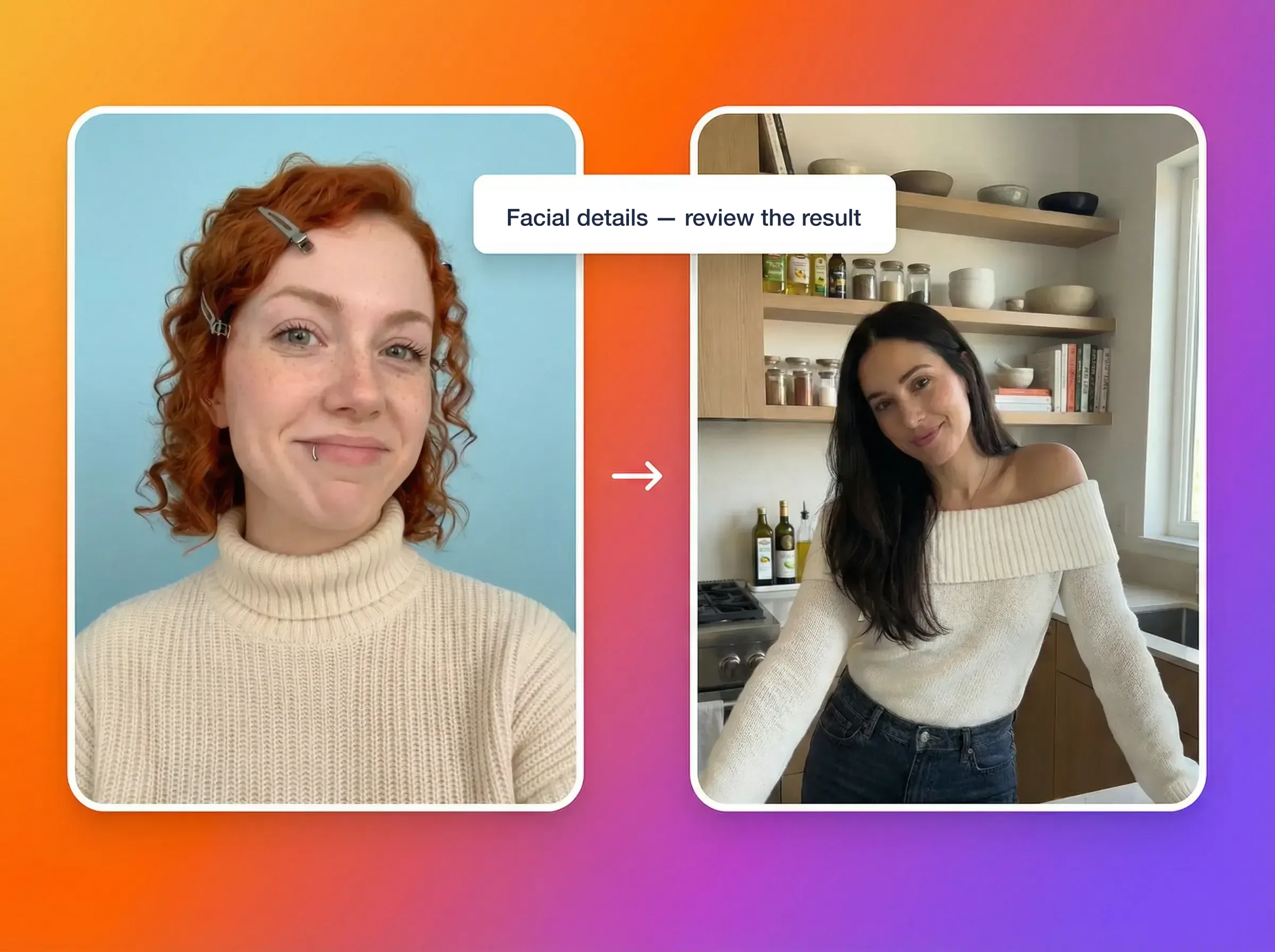 Fotograma de referencia sonriente junto a un fotograma del personaje generado en una cocina, con una etiqueta que recuerda revisar los detalles faciales