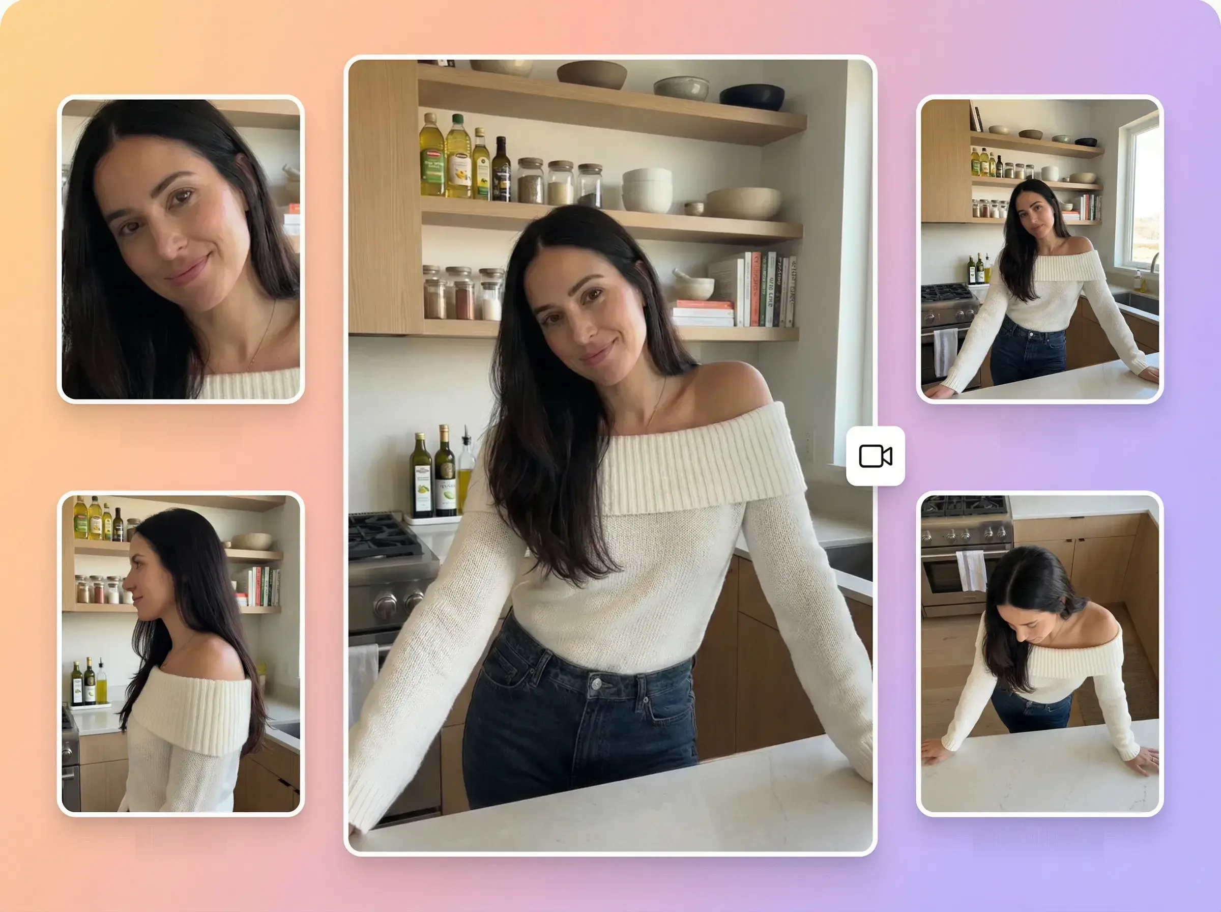 Fotograma principal de un personaje en una cocina con cuatro fotogramas más pequeños que muestran distintos ángulos de cámara y encuadres