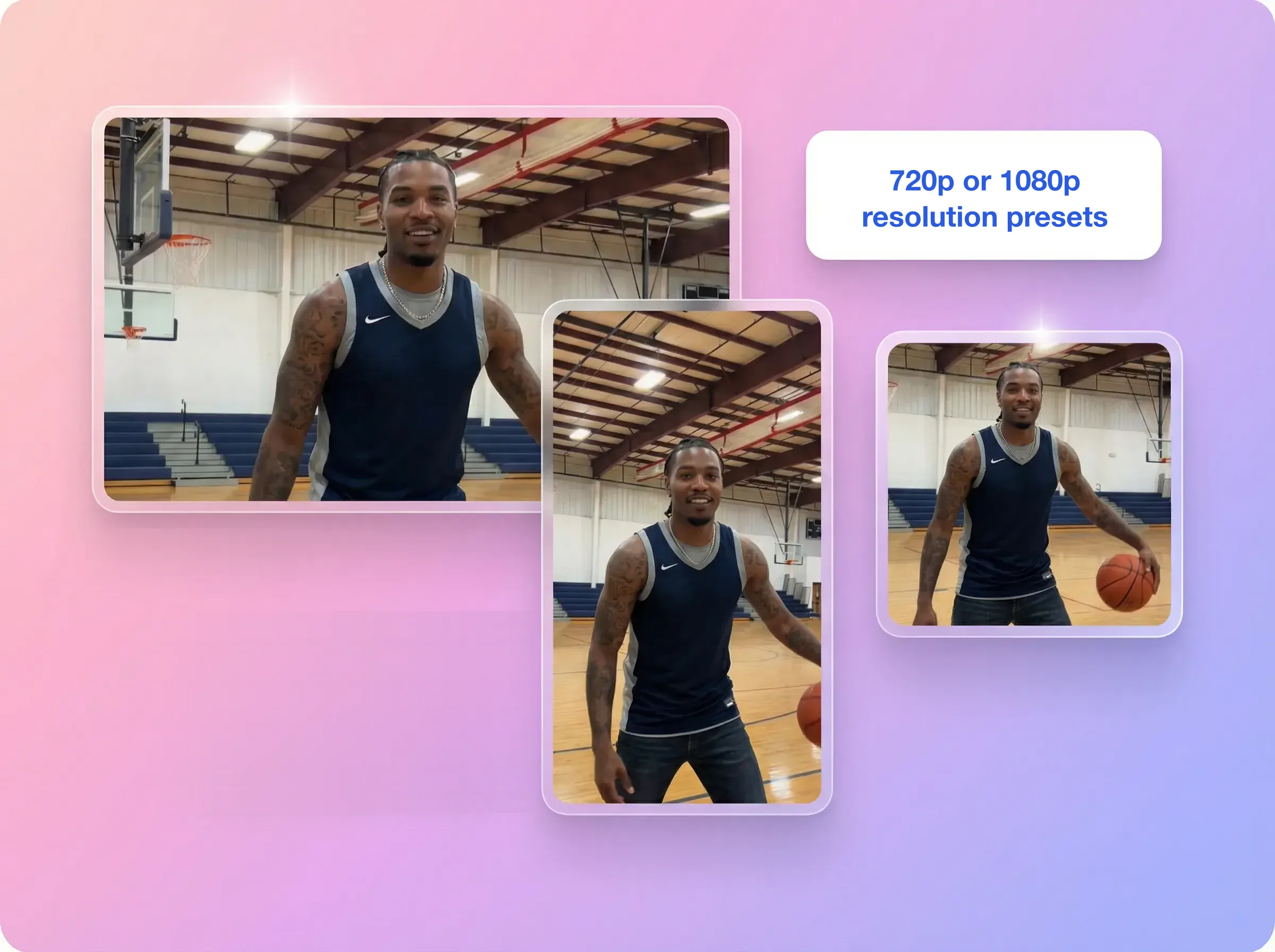 Tres fotogramas del mismo jugador de baloncesto en encuadre horizontal, vertical y cuadrado, con la etiqueta de ajustes de resolución 720p o 1080p