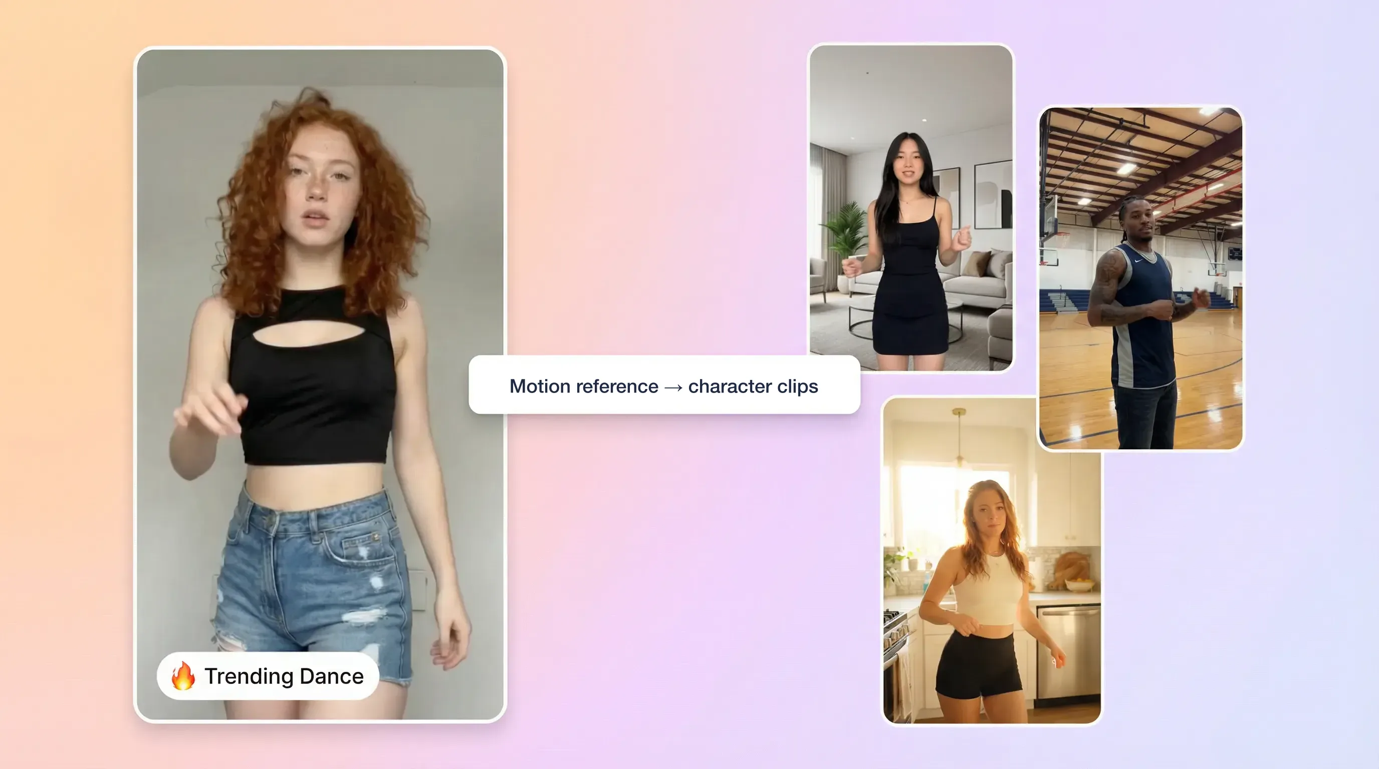 Un fotograma de referencia de baile junto a tres clips de personajes en distintos escenarios, con la etiqueta de referencia de movimiento a clips de personaje