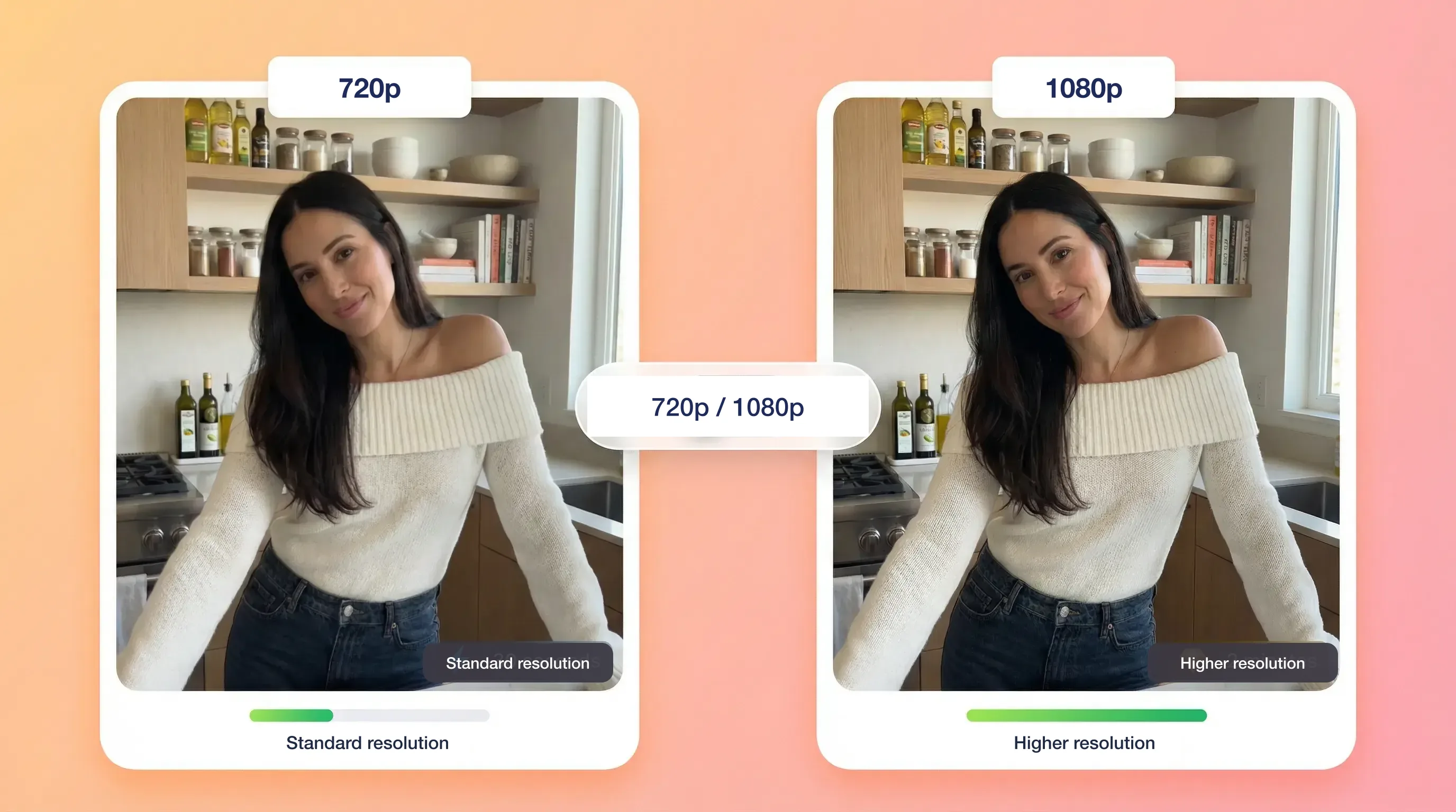 Dos fotogramas del mismo personaje generado con las etiquetas 720p y 1080p, resolución estándar y mayor resolución