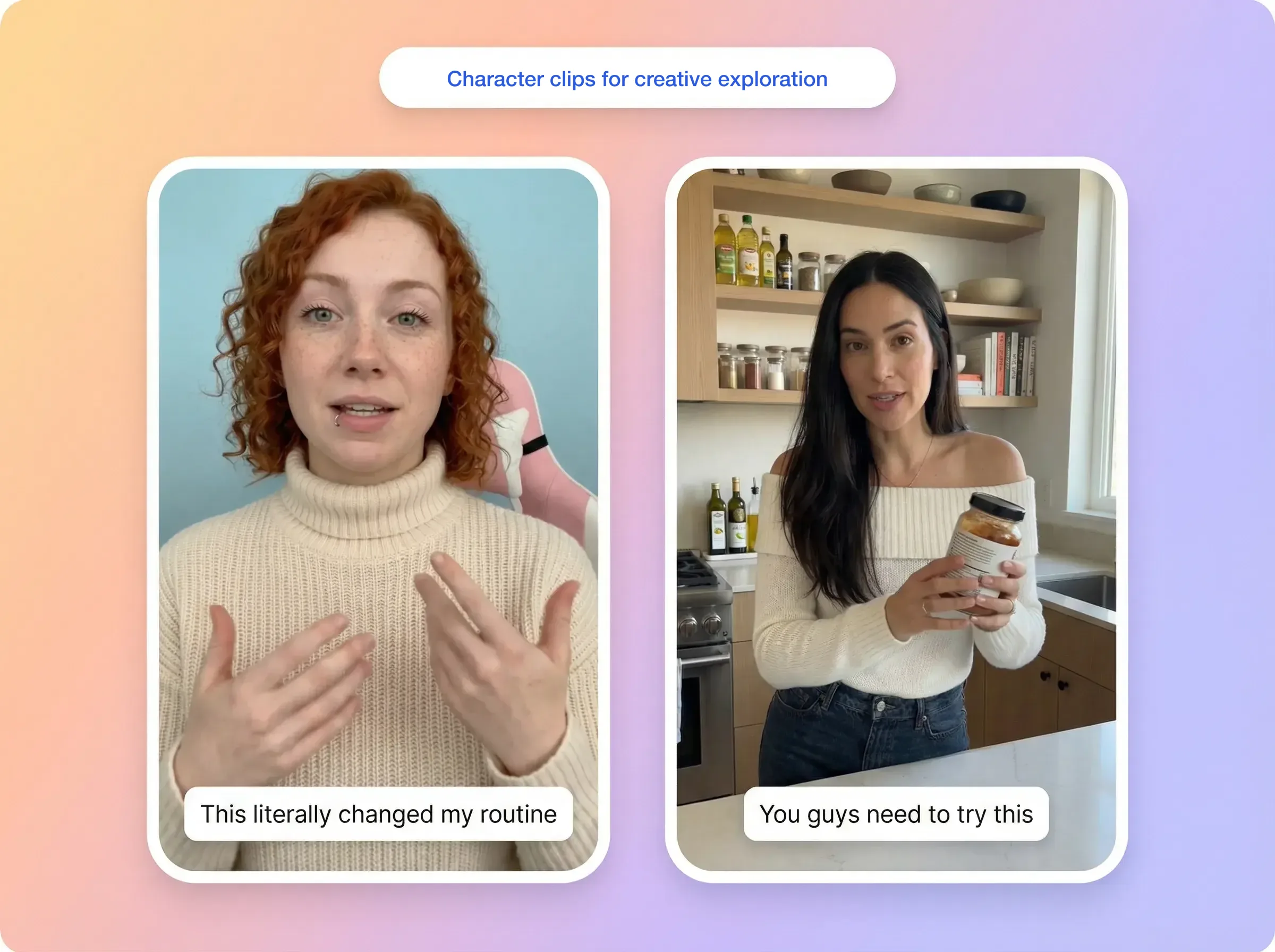 Dos clips de personajes hablando a cámara que presentan un producto, cada uno con una barra de subtítulo de ejemplo