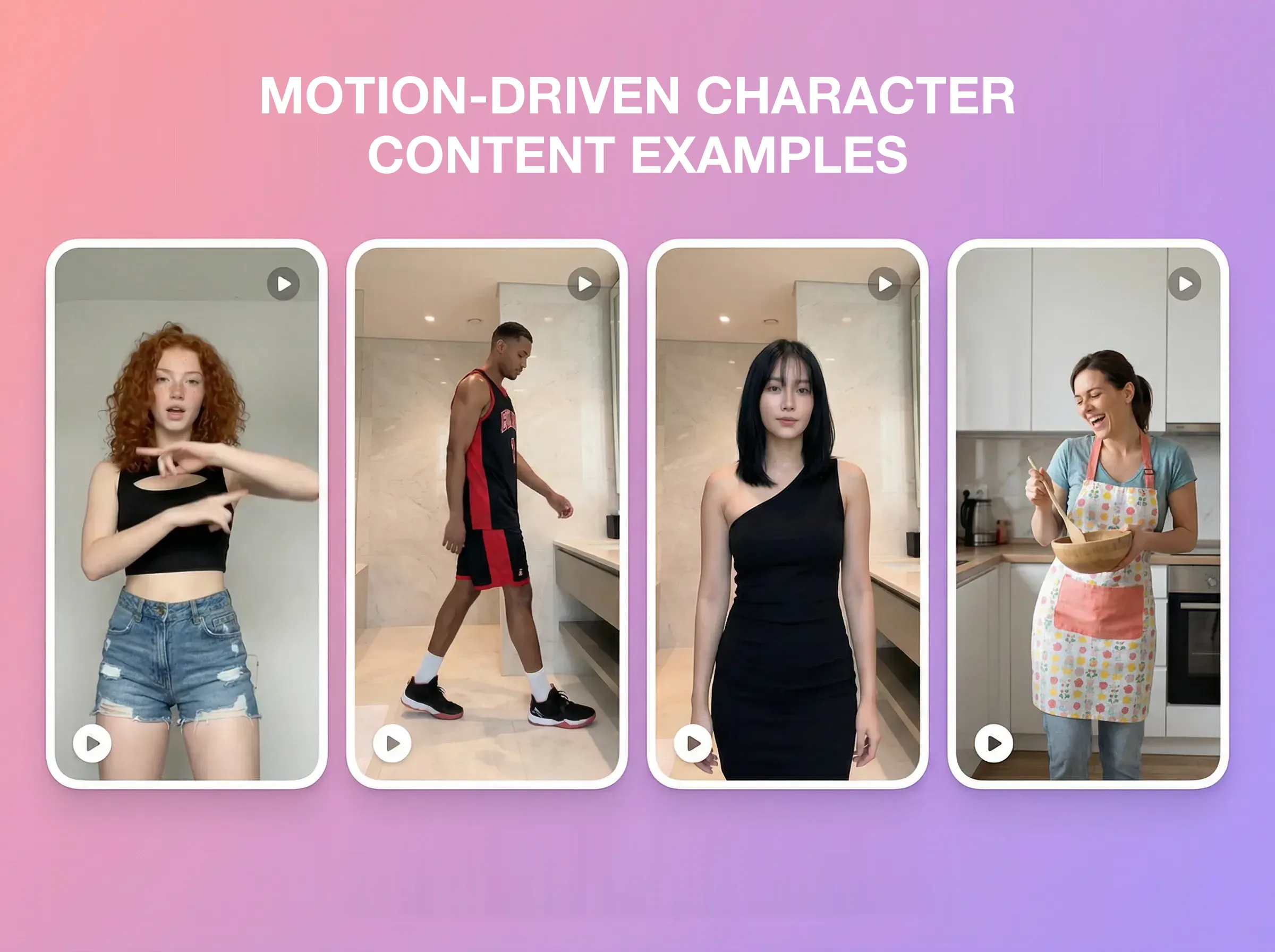 Cuatro clips estilo teléfono de distintos personajes bailando, caminando, posando y cocinando