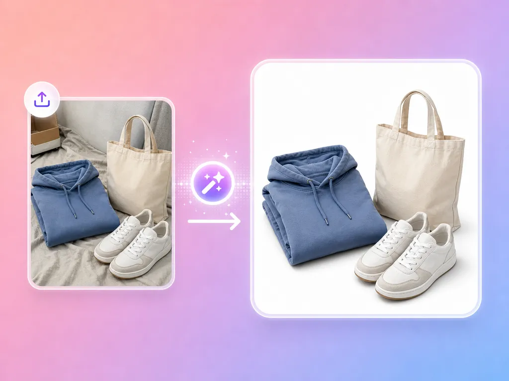 Ilustración: una sudadera azul, una bolsa tote de lona y unas zapatillas blancas fotografiadas en un sofá, con una flecha hacia los mismos productos sobre fondo blanco