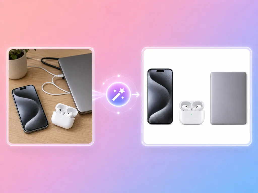 Ilustración: un smartphone, unos auriculares inalámbricos y un portátil sobre un escritorio de madera, con una flecha hacia los mismos dispositivos alineados sobre fondo blanco