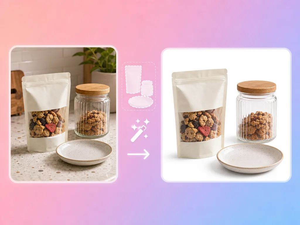 Ilustración: una bolsa de snacks, un tarro de cristal y un plato de cerámica en una encimera de cocina, con una flecha hacia los mismos artículos sobre fondo blanco
