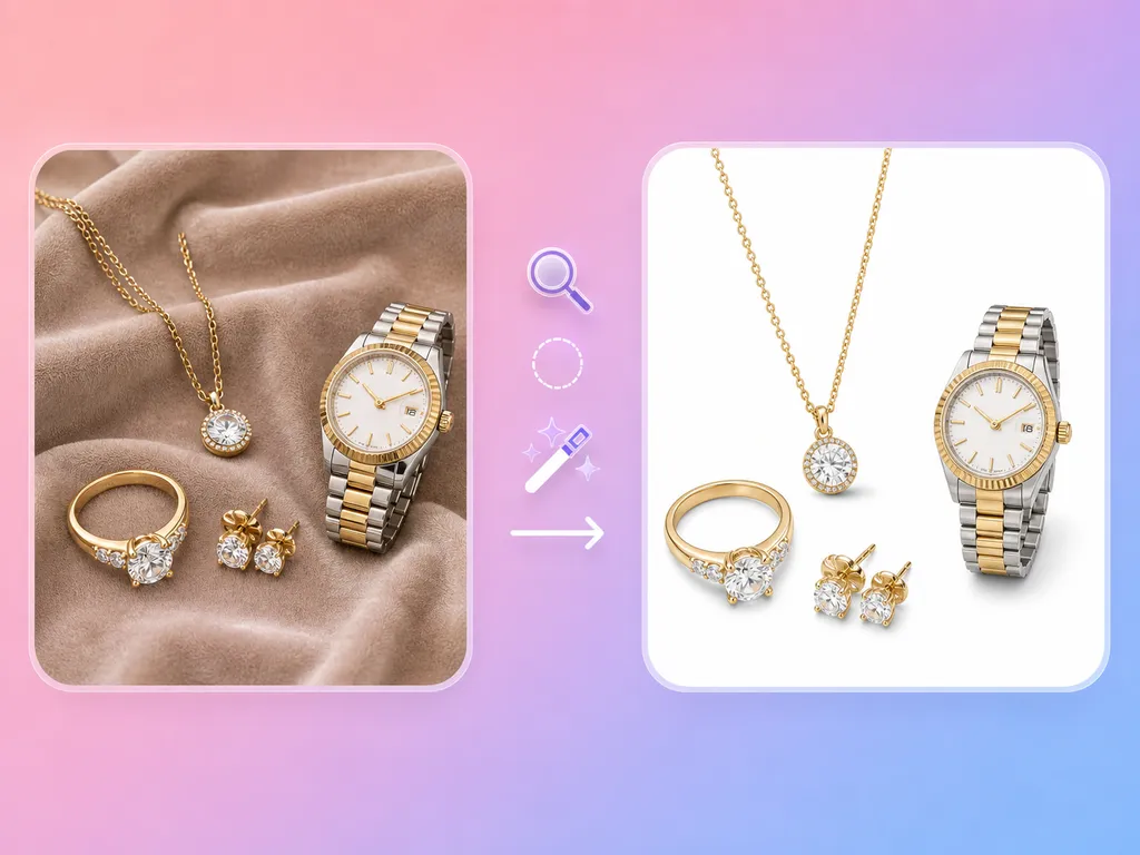 Ilustración: un collar, un anillo, unos pendientes y un reloj dorados sobre una tela drapeada, con una flecha hacia las mismas joyas sobre fondo blanco