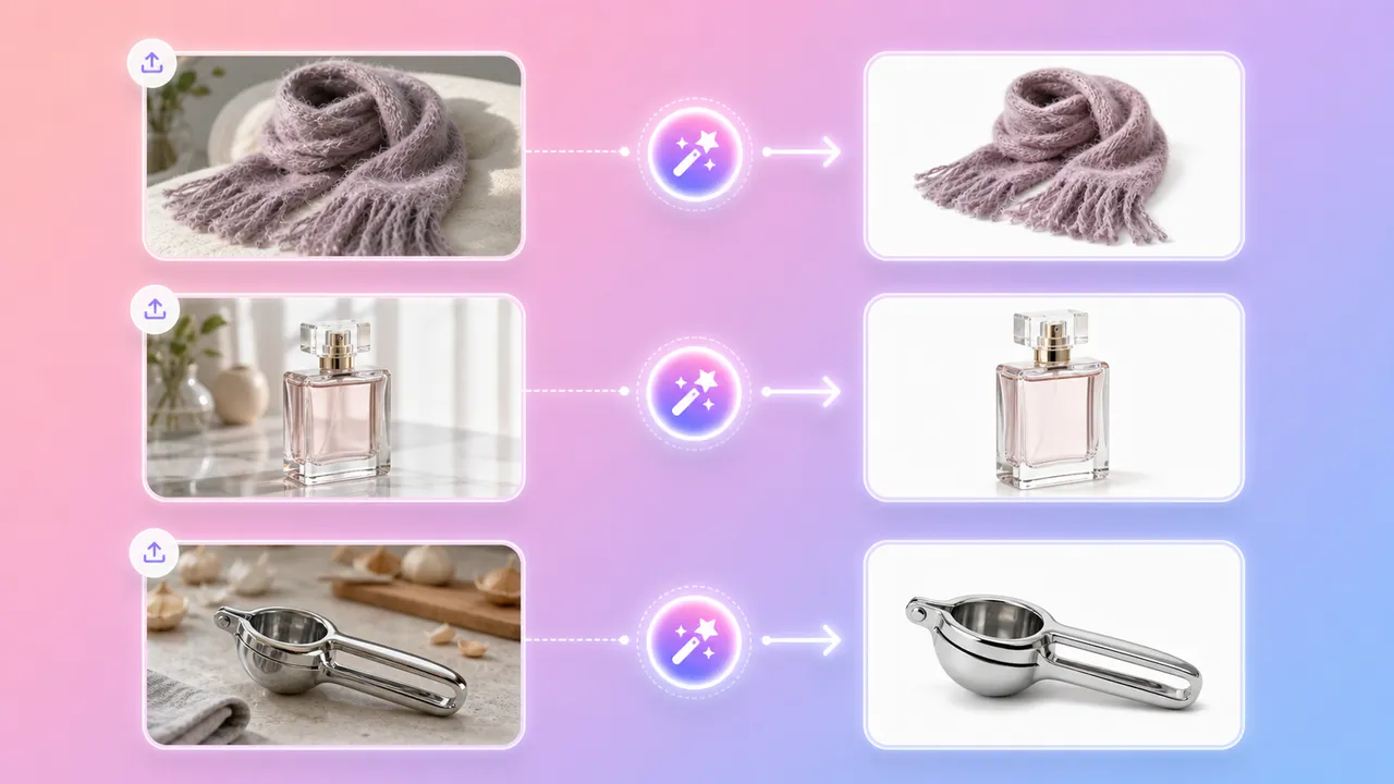Ilustración: tres filas que muestran una bufanda de punto, un frasco de perfume y un exprimidor metálico en su escena original junto a sus versiones sobre fondo blanco