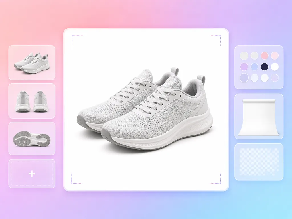 Zapatillas de punto gris claro sobre fondo blanco, con miniaturas de otros ángulos y una paleta de colores junto a la imagen principal