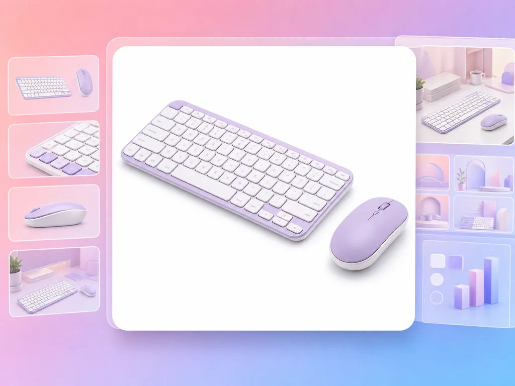 Un teclado y un ratón inalámbricos en blanco y lavanda sobre fondo blanco, con miniaturas de otros ángulos y maquetas de diseño alrededor