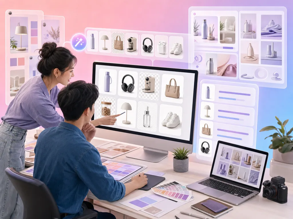 Dos diseñadores en un escritorio revisan un monitor con una cuadrícula de imágenes de producto sobre fondo blanco, con paneles de diseño flotando al lado