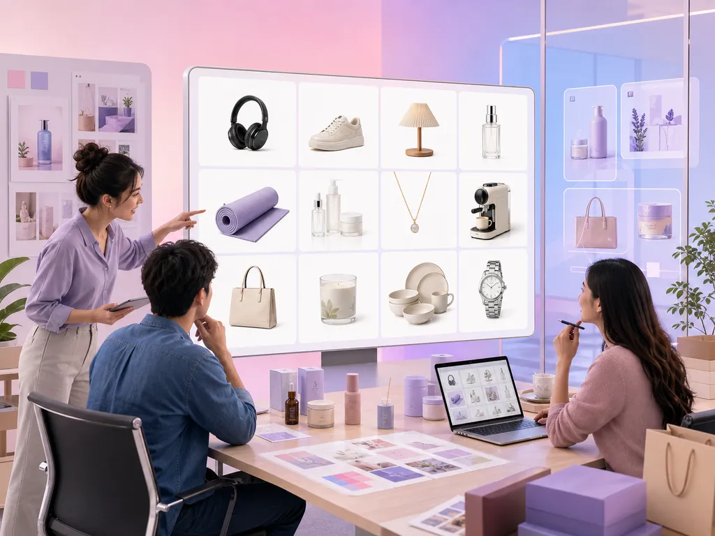 Un equipo en una sala de reuniones revisa una pantalla grande con una cuadrícula de imágenes de producto sobre fondo blanco, con productos de muestra en la mesa