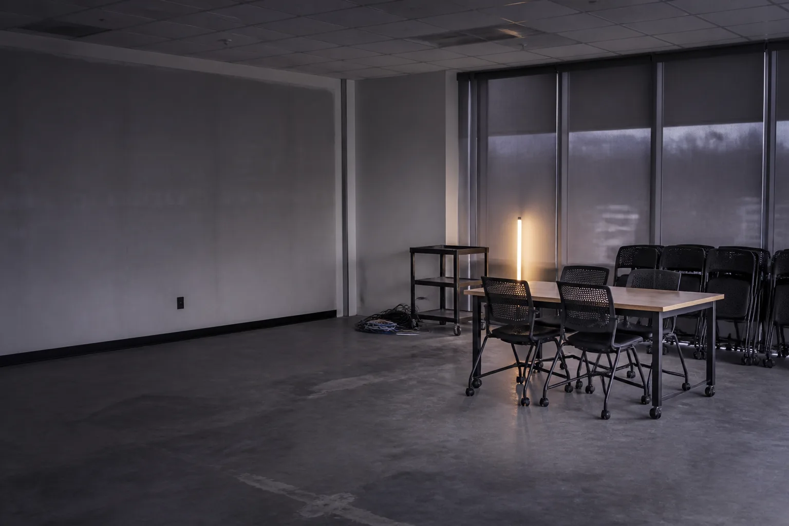 A meeting room that has not been set up yet, table bare and chairs still stacked against the wall — a platform hands you the parts and a place to assemble them.